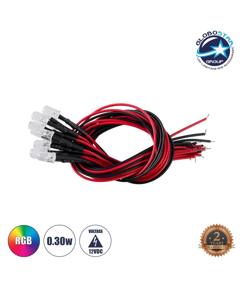 GloboStar® DIODE-LED 73738 Χαμηλής Ισχύος Δίοδος LED 0.3W DC 12V - Φ0.5 x Υ1cm - Πολύχρωμο RGB - Dimmable - Συσκευασία 10 Τεμαχίων - 2 Χρόνια Εγγύηση